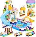 Friends Summer Pool Party Toy Pool Building Set for Girls 6-12, 727 PCS Swimming Pool Creative Building Bricks Blocks Kit with Toy Juice Bar and Hot Tub, Roleplay Gift Party Toy for Boys Girls Kid Toy