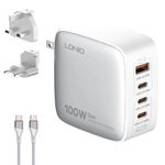 T Teclusive 100W Gan Super Fast Charging 4 Ports USB Type C Charger Compatible for iPhone 15 14 13 Pro Max/Laptop Macbook | World International Sockets Travel Adapter with Multi Port USB C (Black)