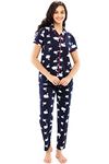 ZEYO Women's Cotton Swan Printed Stylish Pajama Set Night Suit Set Of Shirt & Pyjama 5611 Blue, Large