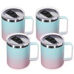 Volhoply 14oz Insulated Stainless Steel Coffee Mug with Lid Bulk 4 Pack,Double Wall Vacuum Travel Coffe Cup with Handle,Reusable Thermos Tumbler,Camping Mugs Keep Hot,Christmas Gifts(Green Pink,4)