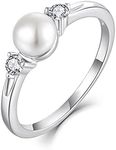 JO WISDOM Pearl Ring,925 Sterling Silver Cubic Zirconia Women's Rings with 7mm White Freshwater Cultured Pearl Ring size 5