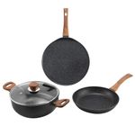 Vinod Zest Plus Die Cast Non Stick Cookware Set Combo 3 Pieces | Kadai with Lid, Frypan Dosa Tawa | 5-Ply Aluminum Layer (5Mm Thick) | Gas & Induction Base | 2 Year Warranty, Black