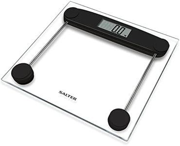 Salter 9208 BK3R Glass Bathroom Scale – Electronic Digital Bodyweight Scale, 180kg/28st 8lb, LCD Easy To Read Display, Step On Instant Reading, Compact Clear Design, Includes Carpet Feet & Battery