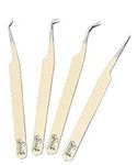 SIVOTE Fiber Tips Lash Tweezers for Eyelash Extensions, Set of 4, Curved, Dolphin, 90 Degree & 45 Degree Tweezer, Vanilla