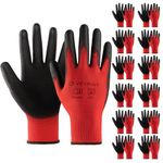 Velway 12 Pairs Safety Work Gloves - Firm Grip Gardening Gloves Non-Slip PU Coated Lightweight Breathable Protective Mechanic Builders Working Gloves Men Women for General Duty Work Red (Size 9/L)