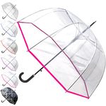 COLLAR AND CUFFS LONDON - Rare Automatic Clear Umbrella - Windproof - Extra Strong - StormDefender Panoramic - Dome - Engineered to Combat Inversion Damage - Fiberglass Ribs - Pink Trim - Men Women