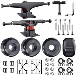 Jizmo Skateboard Trucks, Fits 7.75-8" Deck, Wheels 52mm, Bearings ABEC-9, Skateboard Pads, Hardware Tool Combo Starter Set - Black
