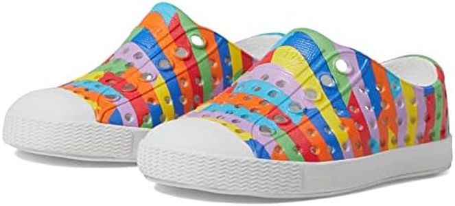 Native Shoes Kids Jefferson Sugarlite Print Slip-On Sneakers for Kids – Perforated Upper – Vegan Friendly, Shell White/Shell White/Rainbow Multi Stripe 2, 13 Little Kid
