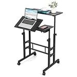 COSTWAY Height Adjustable Standing Desk, Mobile Laptop Table Computer Desk with Flip-over Desktop and Wheels, 2-Tier Laptop Cart Sit Stand Desk Writing Workstation for Home Office (Black)