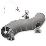 Ownpets Cat Tunnel, S Shape bend Way Pet Tunnel with Sturdy Oxford Fabric, Foldable and Resistant to Tearing, Featuring Multiple Exits, Hanging Ball and Teaser Wand,Grey,Length 120CM