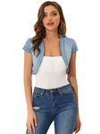 Allegra K Women's Casual Crop Denim Cardigan Cap Sleeve Jean Jacket Shrug, Light Blue, Medium