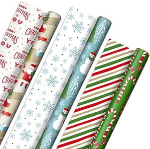 Hallmark Reversible Christmas Wrapping Paper (3 Rolls: 120 sq. ft. TTL) Rustic Santa, Papercraft Snowmen, Candy Canes, Stripes, Snowflakes, Merry Christmas to You