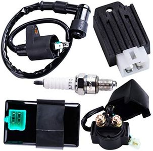 CNCMOTOK CDI Box Ignition Coil Solenoid Relay Voltage Regulator with Spark Plug Set of Five(5) for 50cc 70cc 90cc 110cc 125cc ATV Dirt Bike and Go Kart