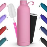 Geepen Thermal Insulated Bottle 34oz Stainless Steel Water Bottle with Brush + Portable Bag Sports Water Bottle Holder for Camping, School, Sports, Gym Pink