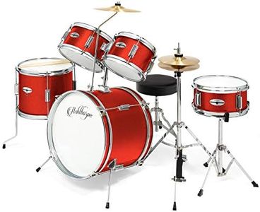 Ashthorpe 5-Piece Complete Junior Drum Set with Genuine Brass Cymbals - Advanced Beginner Kit with 16" Bass, Adjustable Throne, Cymbals, Hi-Hats, Pedals & Drumsticks - Red