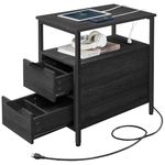 VASAGLE Side Table with Charging Station, Narrow End Table with 2 Drawers, Slim Nightstand, Black ULET321B22