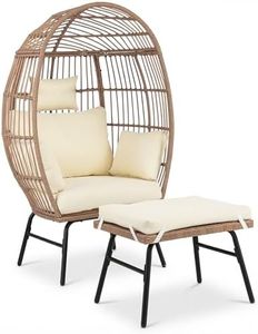 Costway PE Rattan Egg Chair with Ottoman, Indoor & Outdoor Wicker Patio Lounge Chair with Comfy Cushions & Pillows, Footstool, Oversized Basket Chair for Balcony, Poolside, Porch, Living Room