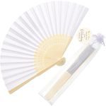 Cosweet 24 Set Wedding Hand Fans with Thank You Tags & Organza Bags, White Paper Fans Bulk Bamboo Decorative Folding Fans for Wedding Guests Party Favors Bridal Shower Church Decoation