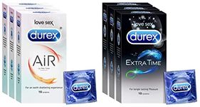 Durex Extra Time Condoms for Men - 10 Count (Pack of 3) | Performa Lubricant for Long Lasting Climax Delay & Air Condoms for Men - 10 Count (Pack of 3) | Suitable for use with lubes & toys