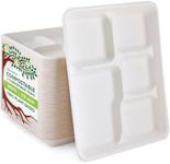 100% Compostable 5 Compartment Disposable Plates White (125 Pack), Plant Based Biodegradable Plates with Dividers, Environmentally Friendly Disposable Divided Plates, Heavy Duty Paper Plates