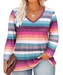 RITERA Plus Size Tunics for Women 2X Rainbow Printing T-Shirt Casual Long Sleeve V Neck Colorful Tops Pattern Casual Blouses Fall Winter Pullover 2XL 18W 20W