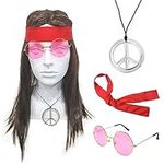 SKHAOVS 4Pcs Hippie Costume Set 60s/70s/80s Men's Hippie Wig Rock Wig Disco Costume Brown Long Straight Wig Sunglasses Bandana Necklace Wig Costume Accessories for Party Carnival Halloween (4PCS)