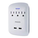 Philips 3-Outlet Surge Protector Wall Tap with 2 USB Ports, Compact Adapter, 900 Joules, Grounded AC Outlets, White, SPP6233WB/37