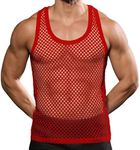 Beotyshow Mens Mesh Fishnet Tank Tops Fitted Sleeveless Night Club Style Muscle Top Summer Workout Beach Shirts, Red, Small