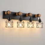 Farmhouse Vanity Light Fixture,4-Light Bathroom Lighting,Black Industrial Wood Wall Light Over Mirror with Metal Shade,LED Bulbs Included