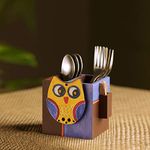 ExclusiveLane Pine Wood Cultery Holder Racks with Spoon & Toothpick Stand Holder, 11.9 x 9.7 x 11.4 cm, Holder: Brown & Blue, OWL Motif: Yellow