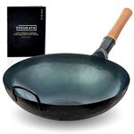 YOSUKATA Blue Carbon Steel Wok Pan – 14"/36 cm Woks and Stir Fry Pans - Chinese Hammered Wok Round Bottom Pow Wok - Traditional Chinese Japanese Woks - Blue Steel Wok (36 cm/14 inch, Blue)