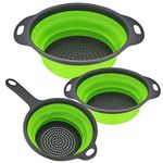 3 Pcs Collapsible Colanders Set, Silicone Colanders & Food Strainers, Foldable Filter Drain Baskets, Green Kitchen Strainer Washing up Bowl with Handle for Draining Pasta Fruits Vegetable Colanders