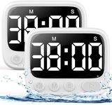 HAUKINIX Shower Timer Waterproof Bathroom Toilet Timer Digital Kitchen for Wall Mount, Study w/Foldable Stand, Countdown Stopwatch w/Suction Cup for Swim, Rechargeable, 2 Pack White