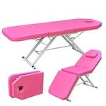 Adjustable Backrest Massage Table Beauty Couch Bed 3 Folded Spa Salon Foldable Tables & Chairs Pu Chair Steel Tube Frame Therapy Lightweight Tattoo For Treatment Healing Folding Pvc Leather (Pink)