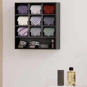 B4Life Tie Rack Wall Mounted Tie Box,Tie Organizer Tie Display Racks for Wall, Bamboo Tie Storage Tie Organizer for Men Tie Holder Wall Mount(Storage 16 Ties) (Black 9 Grids)