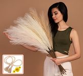 Artificial Faux Pampas Grass (12Pcs 33” Tall) with WOOD BEAD Floral Branches Pompous Stems 3 Colors Decorative Wedding Boho Home Décor Fluffy Vase Bouquets Small Plant Fake flower Reed for Floor Table