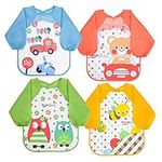 Vicloon Bibs with Sleeves, 4 Pcs EVA Unisex Feeding Baby Bibs Waterproof Long Sleeve Bib Apron Lovely Cute Cartoon Bibs for Infant Toddler 6 Months to 3 Years Old