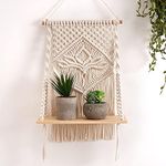 Decazone Macrame Indoor Wall Hanging Shelf Chic Decor Wood Floating Boho Shelves with Wooden Dowel Hand Woven Bohemian Decor for Apartment Dorm Bedroom Living Room Nursery Beige 60 x 30cm