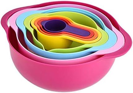 Plastic Mixing Bowls with Measuring Cups, Set of 8 Kitchen Nesting Bowls, Easy Pour Spout for Baking Cooking, BPA-Free Bright Colorful Plastic Space-Saving Food Prep (Rainbow Pink)