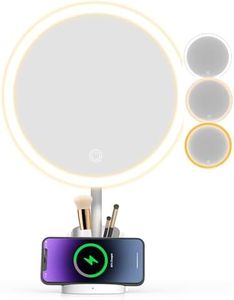 Yls Rechargeable Lighted Makeup Mirror with 1x/10x Detachable Magnification, Vanity Mirror with 3 Color Adjustable Lighting,Qi-Enabled Charging,and 360 °Rotating Design for Vanity and Bedroom