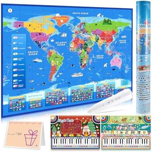 Goldge Interactive World Map for Kids Ages 5-12 with Talking Pen | Piano Music Card & Recordable Greeting Card, Educational Geography Toy, Gift for Christmas & Birthdays