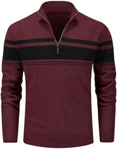MAGCOMSEN Sweaters for Men Quarter Zip Pullover Warm Sweaters Zip Up Pullover Sweater Winter Golf Sweaters Striped Sweatshirts Wine Red,M