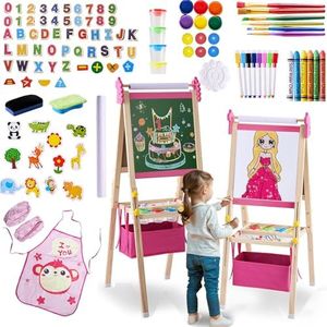Art Easel for Kids - Adjustable Wooden Double-Sided Magnetic Whiteboard and Chalk Board with Paper Roll, 100+ Drawing Accessories - Foldable Painting Birthday Gifts for Boys Girls Ages 3-12, Pink