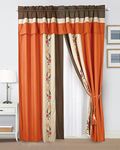 Chezmoi Collection Serene 4-Piece Luxury Orange/Brown/Taupe Autumn Floral Embroidery Window Curtain Panel Set with Sheer Backing Valance Tassels, 120 inch x 84 inch