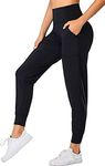 Oalka Women's Joggers High Waist Yoga Pockets Sweatpants Sport Workout Pants, Black, Small