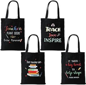 Hillban 4 Pcs Teacher Appreciation Gifts Canvas Tote Bag Bulk, Teacher Gifts for Christmas, Graduation, Back to School, Black, Medium