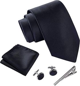 Mens Ties, Classic Mens Stripe Necktie Set with Handkerchief Cufflinks and Tie Clip for Formal Business Work,Gift box for Wedding w/Men Accessories (black)