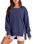 ANRABESS Women's Oversized Sweatshirt Crew Neck Long Sleeve Casual Slit Pullover Top Fall 2024 Teen Girl Preppy Clothes, Navy Blue, Small