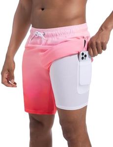 difficort Mens Swimming Trunks with Compression Liner Quick Dry Board Shorts Swimsuit with Zipper Pockets,Pink Gradient,XX-Large