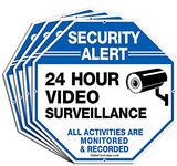 (4 Pack) Security Alert - 24 Hour Video Surveillance, All Activities Monitored Signs,10 x 10 .040 Aluminum Reflective Warning Sign for Home Business CCTV Security Camera, Indoor or Outdoor Use,Blue